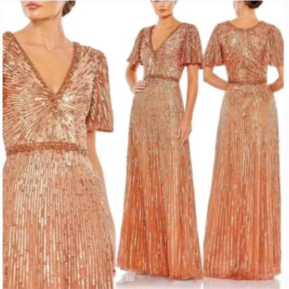 MAC DUGGAL 5538 EMBELLISHED V-NECK BUTTERFLY COLUMN COPPER GOWN sz 8